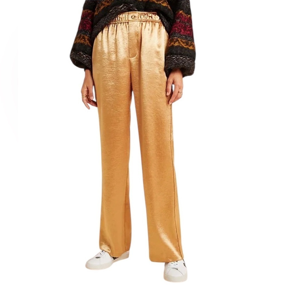 Anthropologie Current Air Gold Twyla Wide Leg Pants Large Metallic Bold Dopamine
